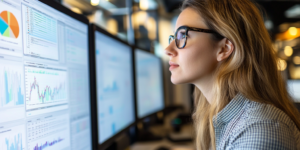 Woman works at a desk with screens of data | FourthRev