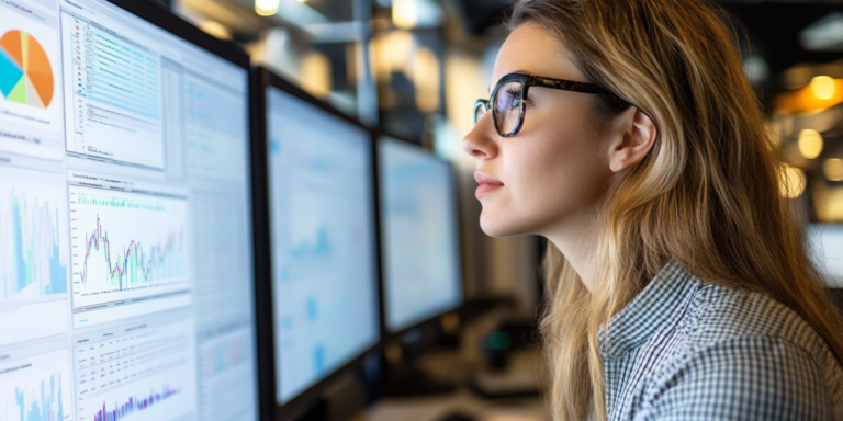 Woman works at a desk with screens of data | FourthRev