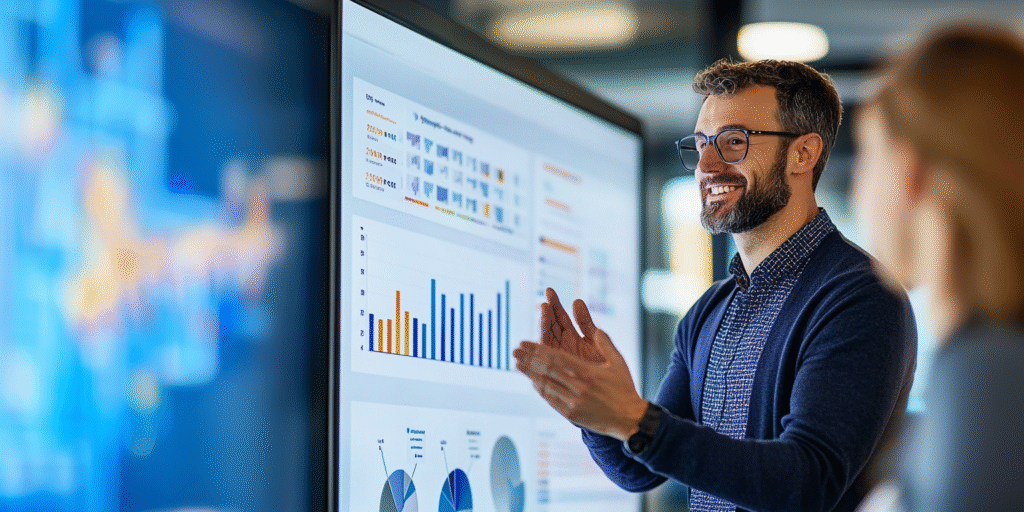 A professional young man in front of a presentation screen | FourthRev