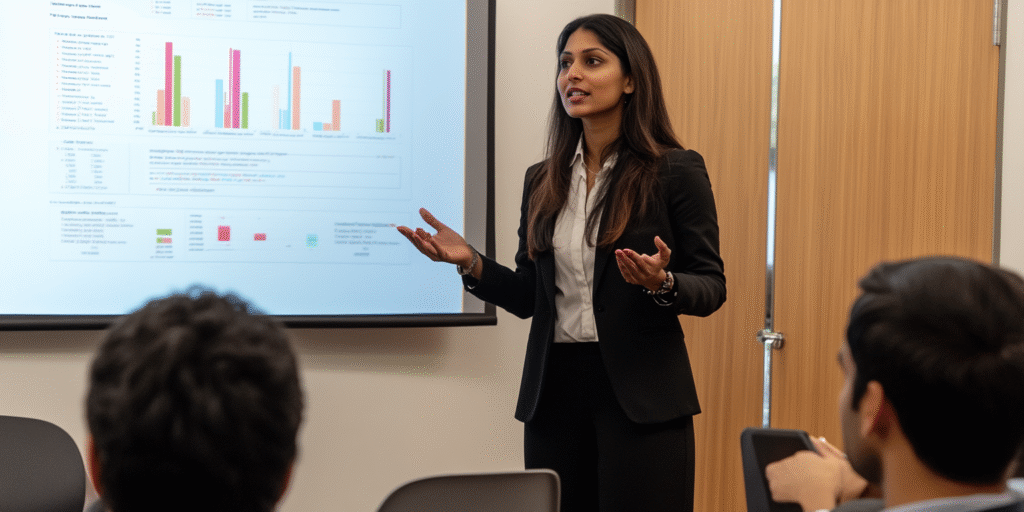Woman standing giving a business presentation | FourthRev