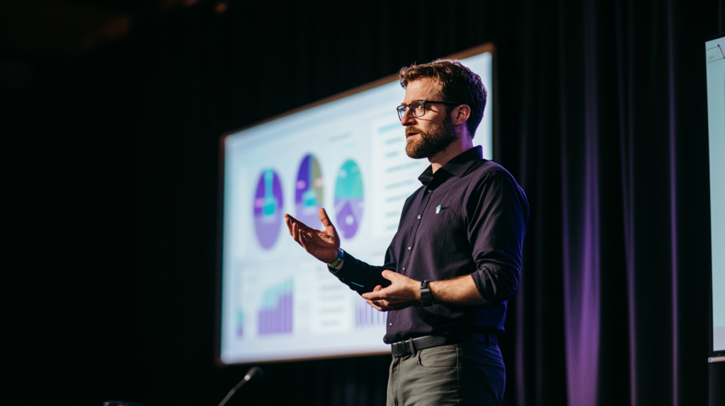 Man presenting on stage | FourthRev