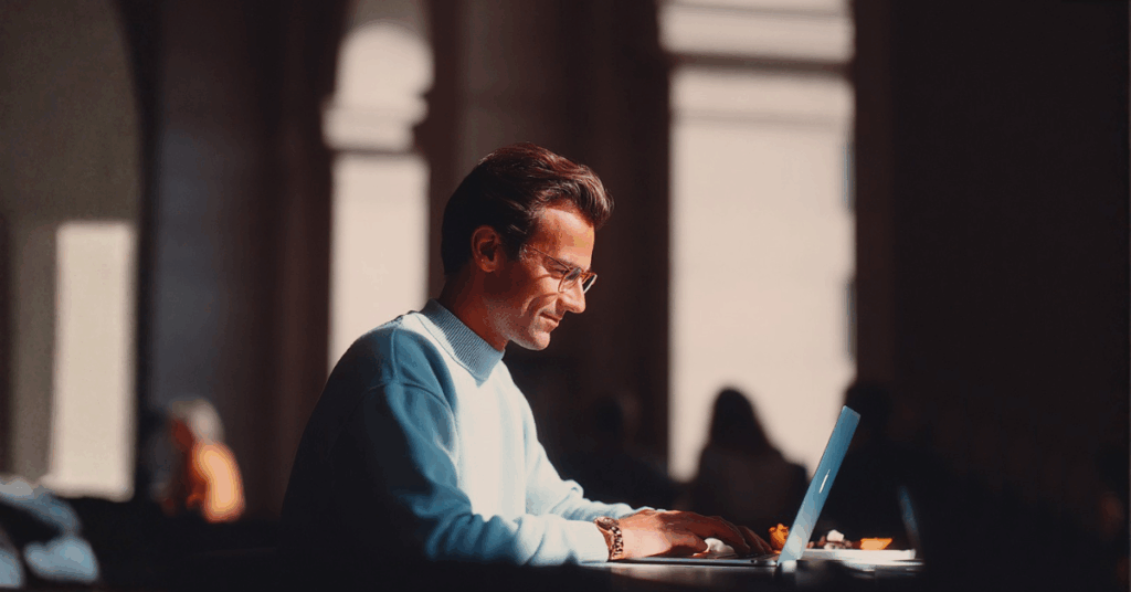 man at laptop contemplates his career options