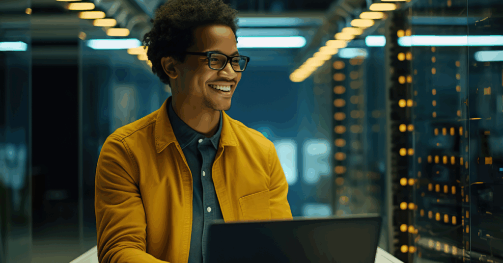 career change online man in front of laptop